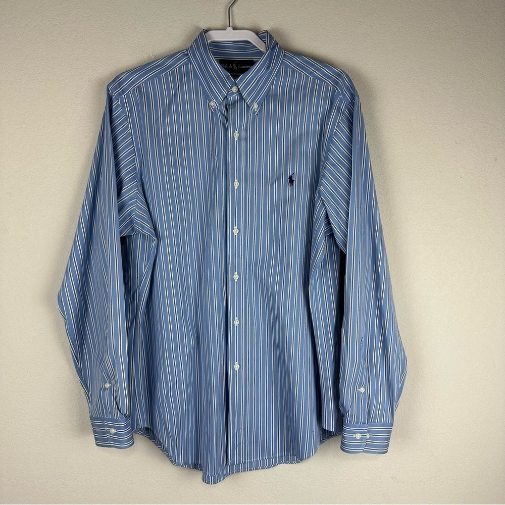 Ralph Lauren Blue White Stripe Long Sleeve 100% Cotton Button Down Shirt Large